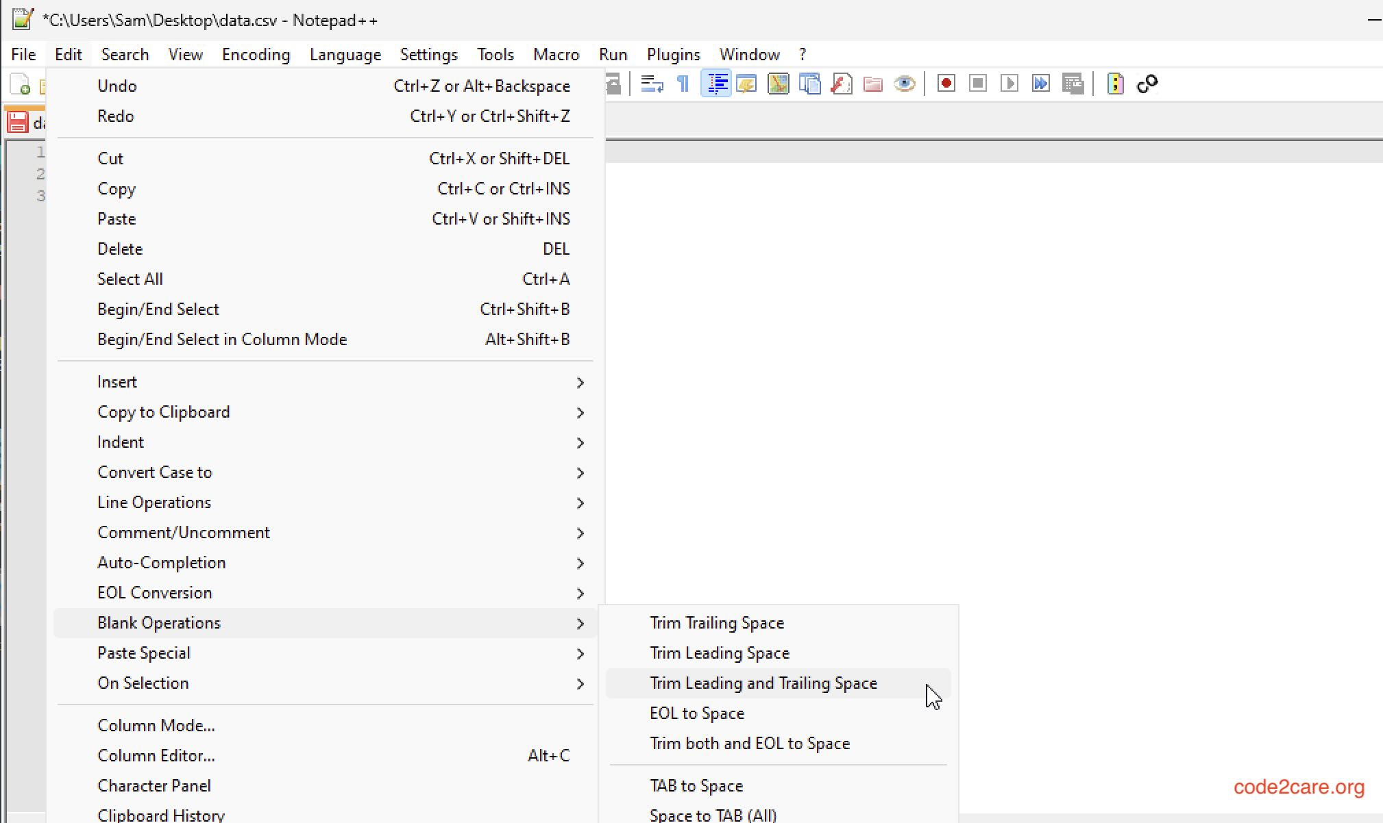 Notepad++ How to remove extra spaces at the start and end of each line